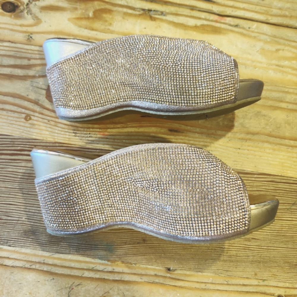 Bling Rose Gold Peep Toe Wedge Heel Platform Sandals Sz 8